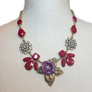 Floral Necklace The Delta Box Statement Red Purple Rhinestone Gold Tone Bib
